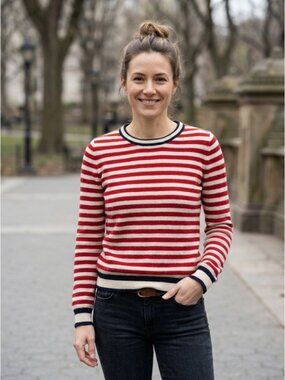 Madeleine Thompson Cashmere Striped Pullover Sweater Red Cream Warm Size S